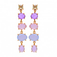 Amethyst Moonstone Chalcedony Gemstone 925 Silver Gold Plated Stud Earrings