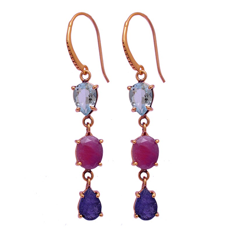 Blue Topaz Ruby Sapphire Gemstone 925 Sterling Silver Gold Plated Dangle Earrings