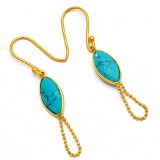 Cabochon Marquise Shape Turquoise Gemstone Stylish Chain Gold Plated Earrings
