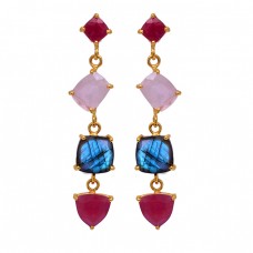 Ruby Chalcedony Labradorite Gemstone 925 Sterling Silver Gold Plated Earrings