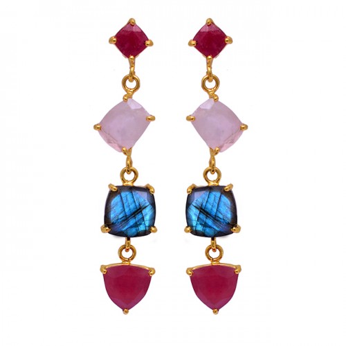 Ruby Chalcedony Labradorite Gemstone 925 Sterling Silver Gold Plated Earrings