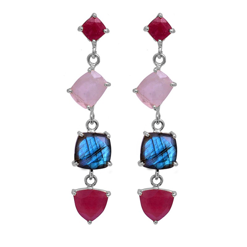 Ruby Chalcedony Labradorite Gemstone 925 Sterling Silver Gold Plated Earrings