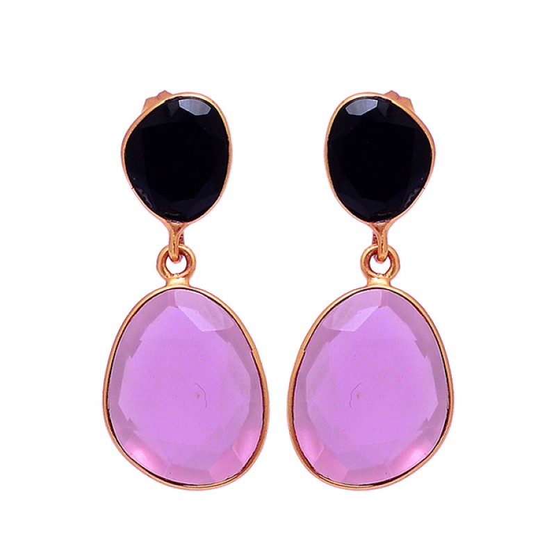 Black Onyx Chalcedony Gemstone 925 Sterling Silver Gold Plated Stud Earrings