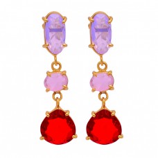 925 Sterling Silver Ruby Chalcedony Moonstone Gold Plated Stud Dangle Earrings