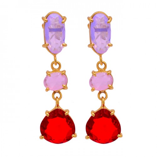 925 Sterling Silver Ruby Chalcedony Moonstone Gold Plated Stud Dangle Earrings