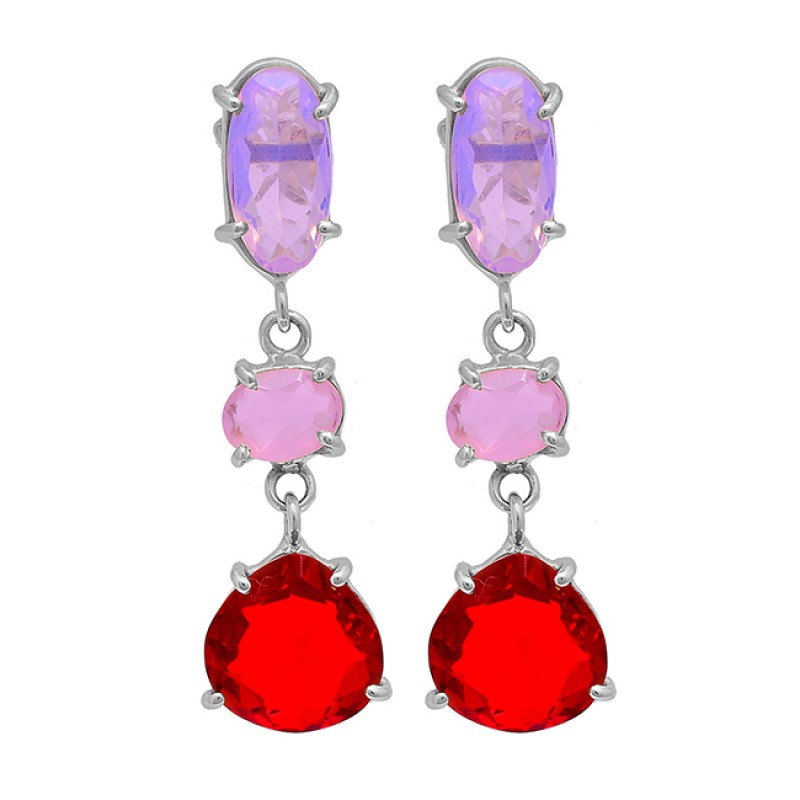 925 Sterling Silver Ruby Chalcedony Moonstone Gold Plated Stud Dangle Earrings