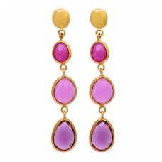 Oval Shape Ruby Chalcedony Amethyst Gemstone 925 Silver Gold Plated Earrings