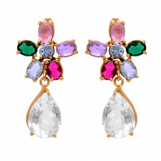 Handmade Designer Multi Color Gemstone 925 Silver Gold Plated Stud Earrings