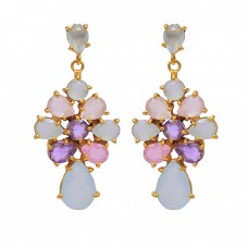 Amethyst Chalcedoy Rose Quartz Gemstone 925 Sterling Silver Gold Plated Earrings