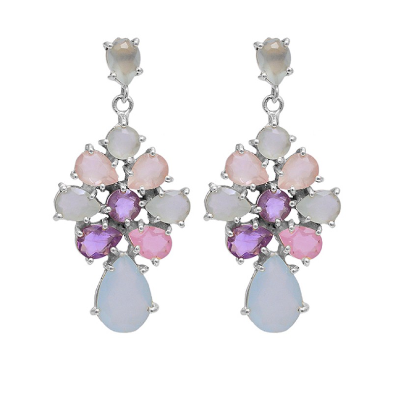 Amethyst Chalcedoy Rose Quartz Gemstone 925 Sterling Silver Gold Plated Earrings