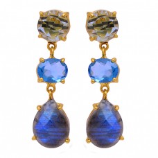 Labradorite Blue Topaz Gemstone 925 Sterling Silver Gold Plated Stud Earrings