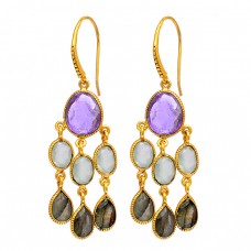 925 Sterling Silver Amethyst Chalcedony Labradorite Gemstone Gold Plated Earrings