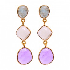 Chalcedony Amethyst 925 Sterling Silver Gold Plated Stud Dangle Earrings