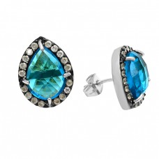 Pave Rainbow Moonstone Blue Topaz Gemstone 925 Sterling Silver Gold Plated Stud Earrings