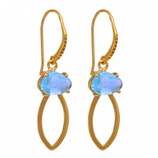 Blue Topaz Triangle Shape Gemstone 925 Sterling Silver Gold Plated Earrings