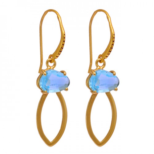 Blue Topaz Triangle Shape Gemstone 925 Sterling Silver Gold Plated Earrings