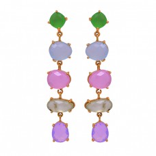 925 Sterling Silver Moonstone Chalcedony Gemstone Gold Plated Stud Earrings