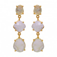 925 Sterling Silver Prehnite Chalcedony Gemstone Gold Plated Stud Earrings