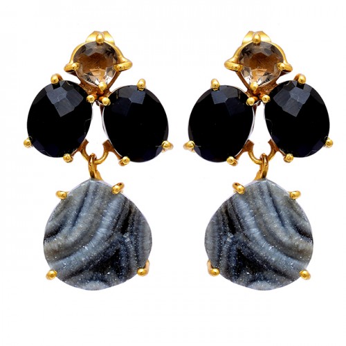 Black Onyx Crystal Quartz Druzy Gemstone 925 Sterling Silver Gold Plated Earrings