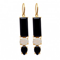 925 Sterling Silver Black Onyx Rainbow Moonstone Gold Plated Dangle Earrings