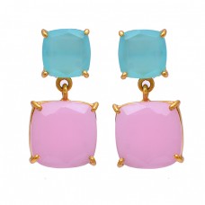 Aqua Rose Color Chalcedony Gemstone 925 Sterling Silver Gold Plated Earrings