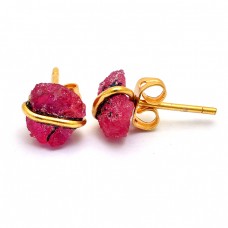 Ruby Rough Gemstone 925 Sterling Silver Gold Plated Handmade Stud Earrings