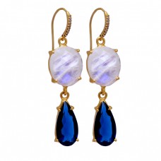 Rainbow Moonstone Tanzanite Gemstone 925 Sterling Silver Gold Plated Earrings