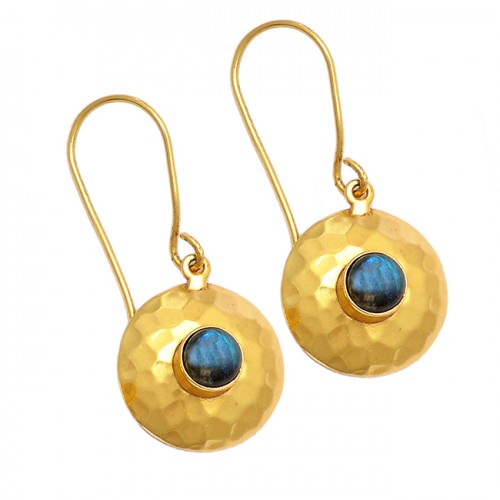 Round Shape Labradorite Gemstone 925 Sterling Silver Gold Plated Earrings
