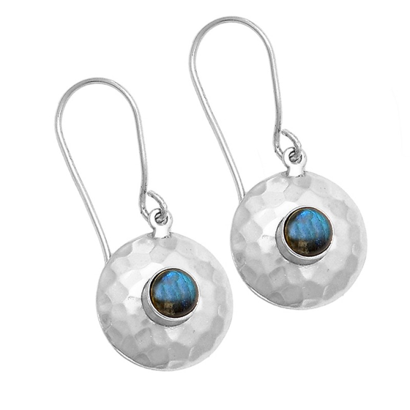 Round Shape Labradorite Gemstone 925 Sterling Silver Gold Plated Earrings