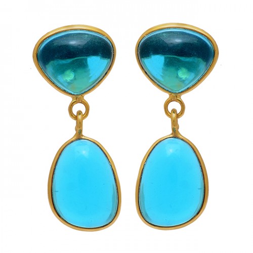 Blue Quartz Turquoise Gemstone 925 Sterling Silver Gold Plated Stud Earrings