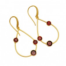 Round Shape Garnet Gemstone 925 Sterling Silver Gold Plated Dangle Earrings 