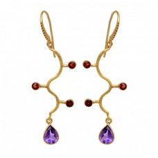 Amethyst Garnet Gemstone 925 Sterling Silver Gold Plated Dangle Earrings