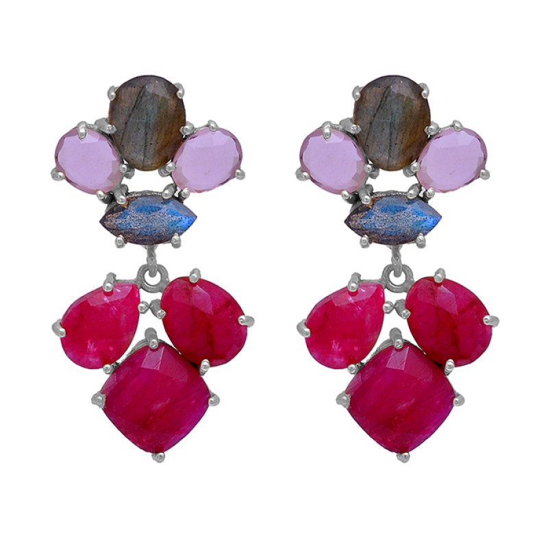 Ruby Labradorite Chalcedony Gemstone 925 Sterling Silver Gold Plated Earrings