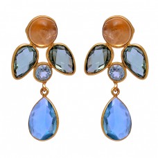 925 Sterling Silver Round Pear Shape Gemstone Gold Plated Stud Dangle Earrings