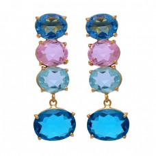 Apatite Topaz Quartz Gemstone 925 Sterling Silver Gold Plated Stud Dangle Earrings