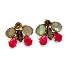 Smoky Quartz Labradorite Ruby Gemstone 925 Sterling Silver Gold Plated Earrings