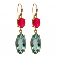 Ruby Green Amethyst Gemstone 925 Sterling Silver Gold Plated Dangle Earrings