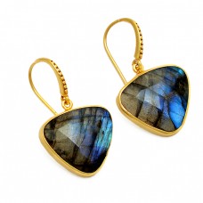 Triangle Shape Labradorite Gemstone 925 Sterling Silver Gold Plated Earrings