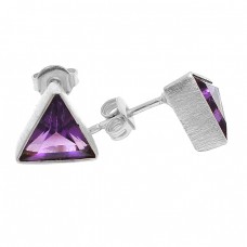 Triangle Shape Amethyst Gemstone 925 Sterling Silver Gold Plated Stud Earrings 