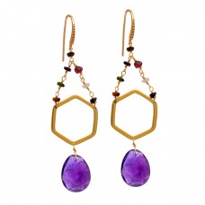 Amethyst Tourmaline Gemstone 925 Sterling Silver Gold Plated Dangle Earrings