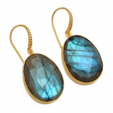 Oval Shape Labradorite Gemstone 925 Sterling Silver Gold Plated Dangle Earrings