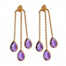 Pear Shape Amethyst Gemstone 925 Sterling Silver Gold Plated Stud Earrings