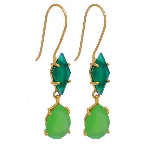 Green Onyx Chalcedony Gemstone 925 Sterling Silver Gold Plated Earrings