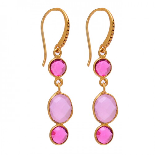 Pink Quartz Rose Chalcedony Gemstone 925 Sterling Silver Gold Plated Earrings