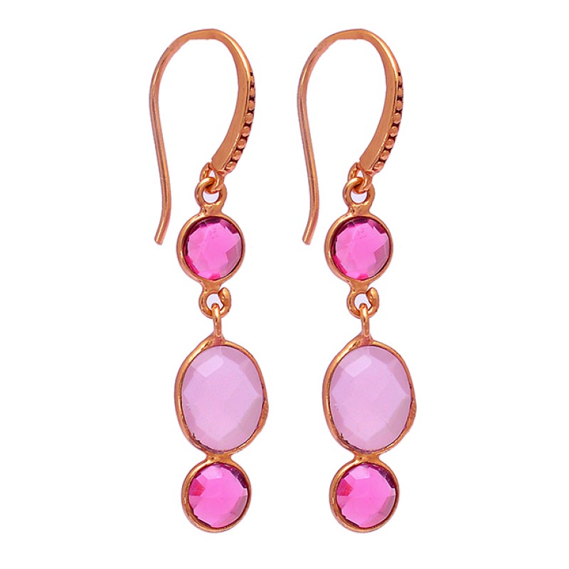 Pink Quartz Rose Chalcedony Gemstone 925 Sterling Silver Gold Plated Earrings