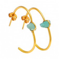 925 Sterling Silver Aquamarine Rough Gemstone Gold Plated Hoop Earrings