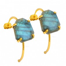 Fancy Shape Labradorite Gemstone 925 Sterling Silver Gold Plated Hoop Earrings