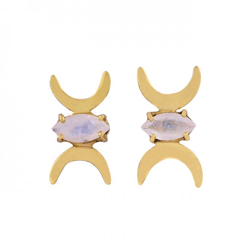 Moon Shape Designer Marquise Shape Gemstone 925 Silver Gold Plated Earrings