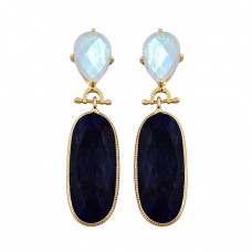 Sapphire Rainbow Moonstone 925 Sterling Silver Gold Plated Stud Dangle Earrrings