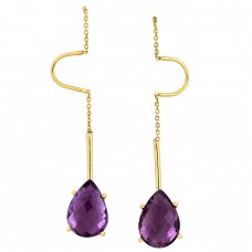 925 Sterling Silver Pear Shape Amethyst Gemstone Gold Plated Stud Earrings